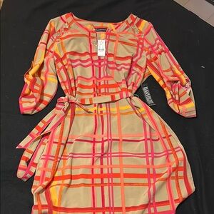 New York & Company Pink and Orange Casual Sundress with Bishop Sleeves